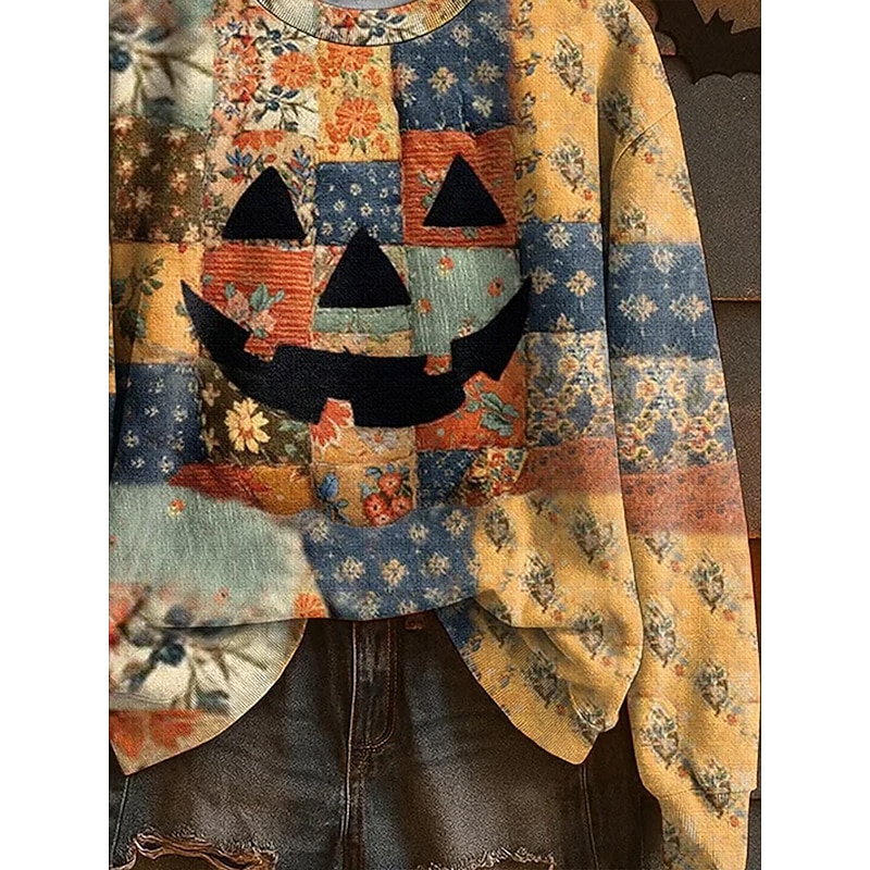 Women's Pullover Sweatshirt Graphic Color Block Pumpkin Casual Long Sleeve Crew Neck Regular Tops Home Work Street Orange Spring Fall Winter3