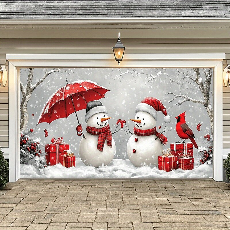 Christmas Snow Scene Garage Door Cover Photograph Backdrop, Holiday Wall Hanging Decorative Background for Home, Living Room, or Party3