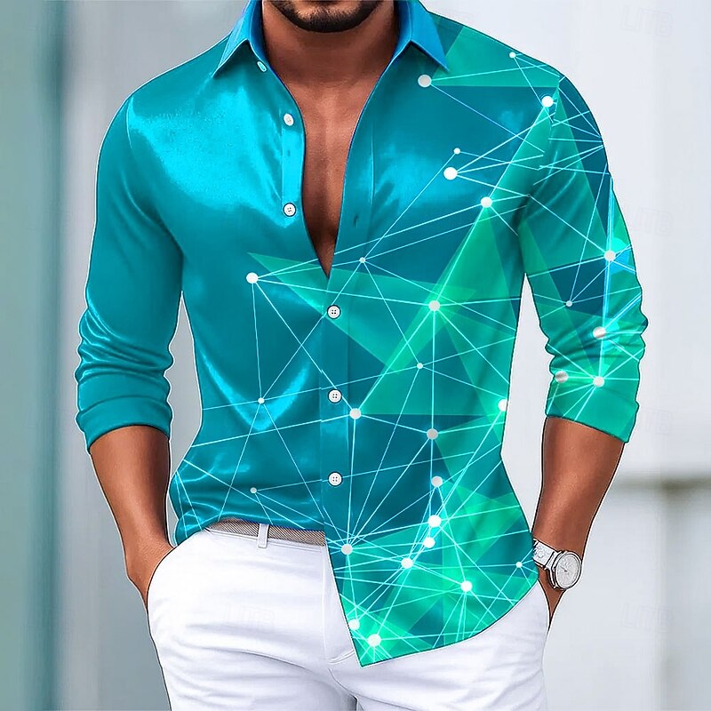 Men's Geometric Galaxy Star Print Gradient Color Shirt Satin Shirt Dress Shirt Long Sleeve Fashion Casual Vacation Dailywear Summer Spring Fall Turndown 3D Print Button Up Shirts Black Red Blue Green2