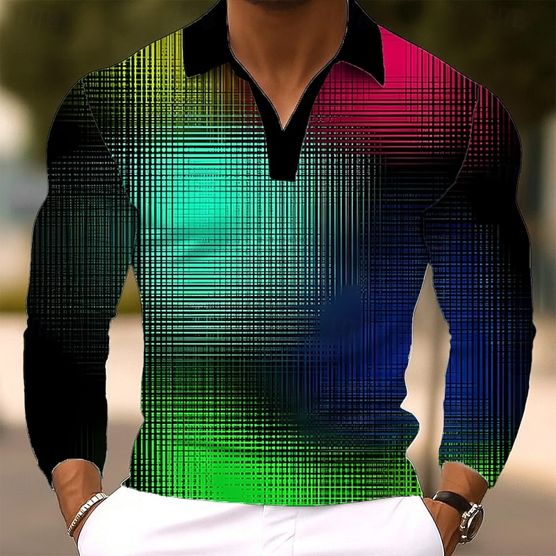 Men's Geometic Polo Long Sleeve Polo Shirts Lapel Casual Outdoor Street Athleisure Daily Wear 3D Print Buttons Spring Fall Winter Yellow Purple Green2
