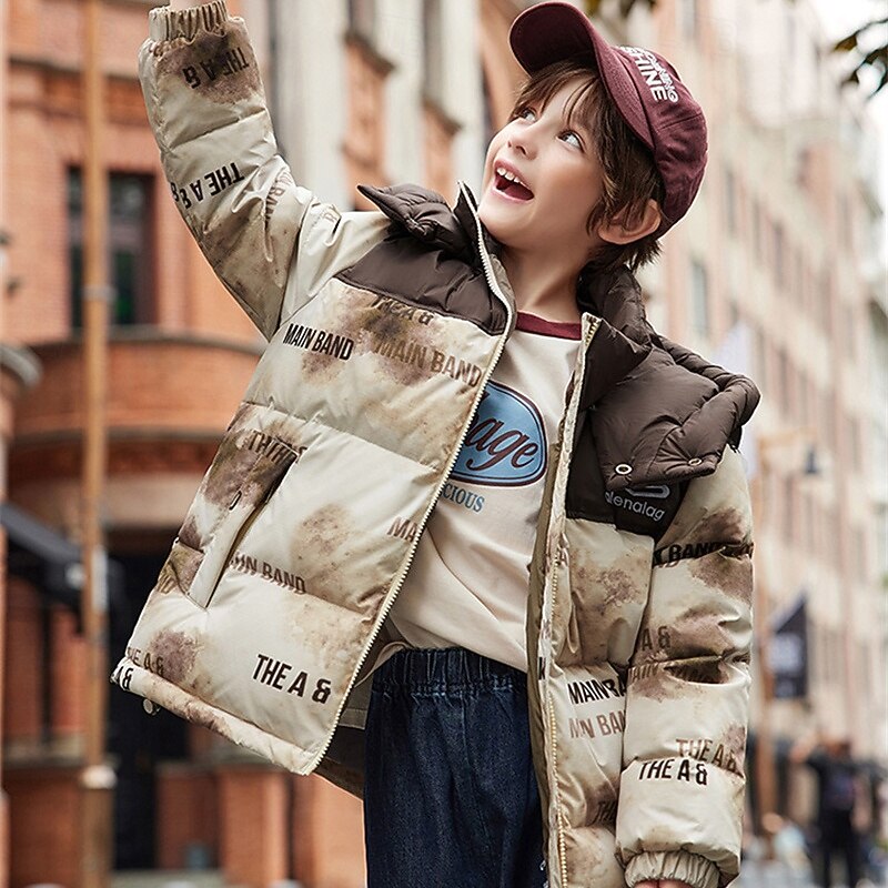 Kids Unisex Down Jacket Outdoor Jacket Puffer Jacket Outerwear Color Block Letter Long Sleeve Keep Warm Windproof Coat Outdoor Daily Basic White Brown Khaki Fall Winter 4 years+3