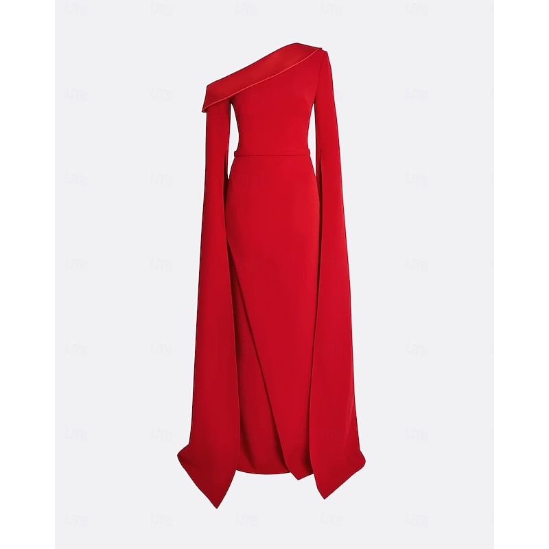 Red Black Sheath / Column Evening Gown Elegant Dress Formal Wedding Floor Length Long Sleeve One Shoulder Mother Of the Bride Dress Stretch Crepe with Pleats 20254