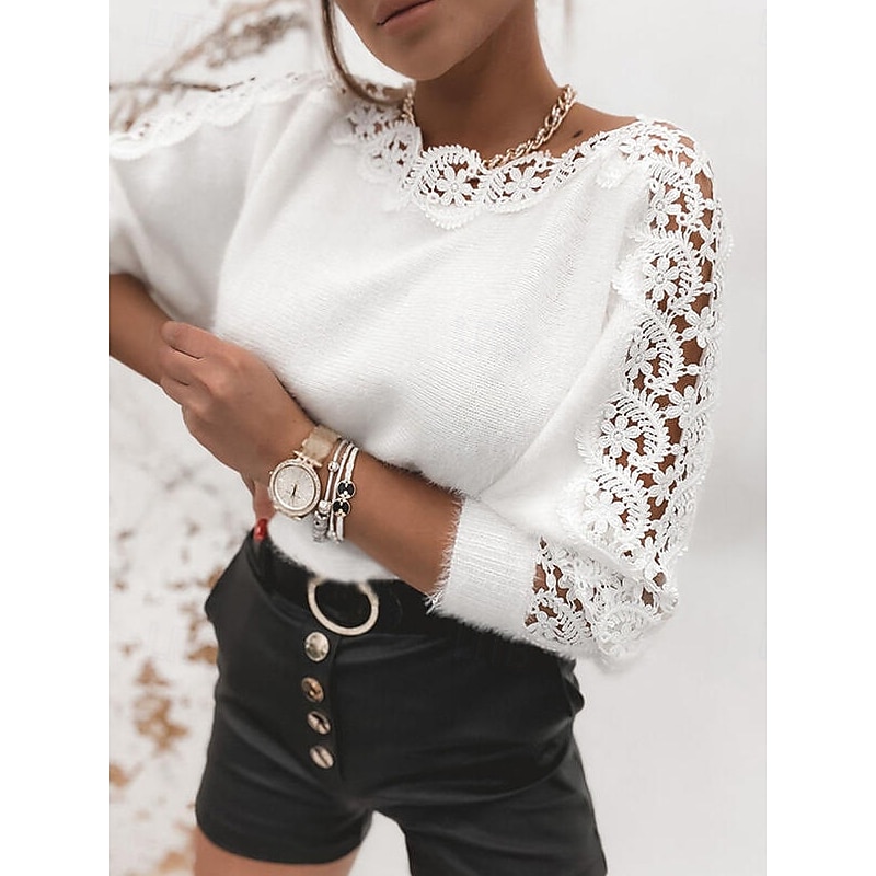 Women's Sweater Elegant Casual Soft Pure Color Ribbed Crew Neck Knitted Long Sleeve Regular Tops Knit Outdoor Daily Weekend White Spring Fall4