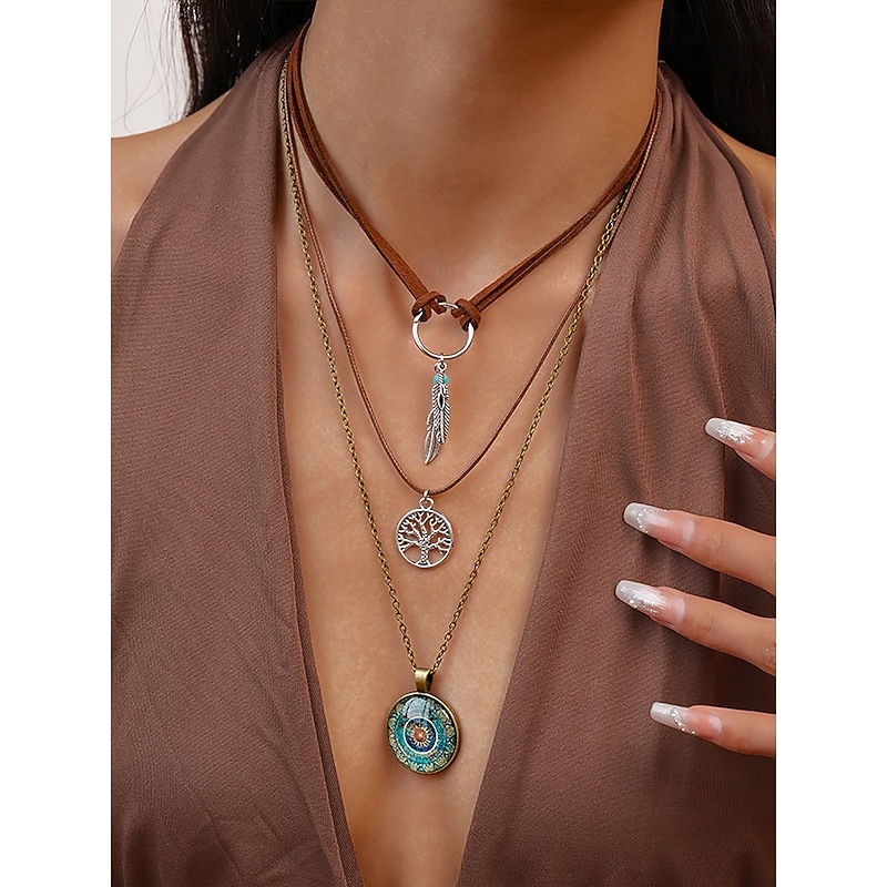 Women's Bohemian Layered Pendant Necklace, Triple Strand Jewelry with Feather, Tree of Life and Vintage Round Charm for Festivals, Parties and Casual Wear3