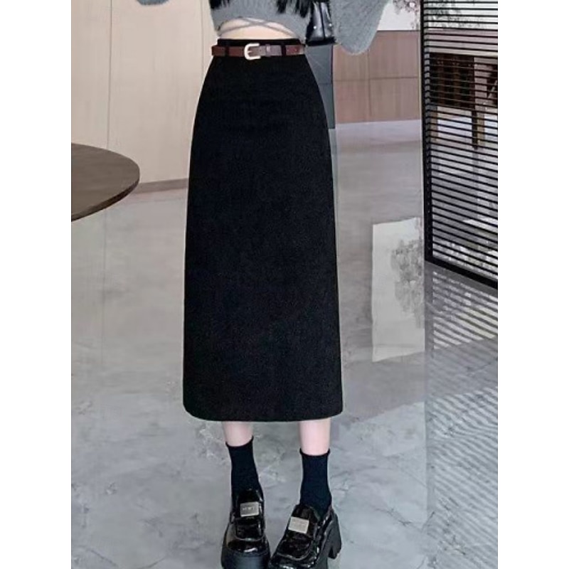 Women's Skirt A Line Fashion Casual Midi High Waist Skirts Plain Micro-elastic Street Daily Black Army Green Khaki Spring Corduroy4