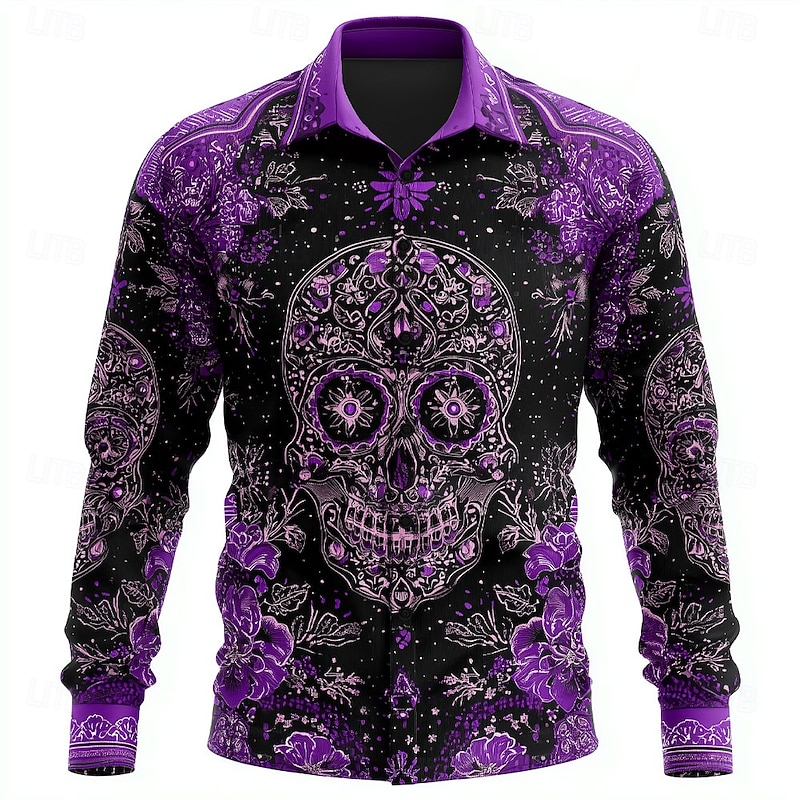 Men's Skull Day of the Dead Flower / Floral Shirt Button Up Shirt Long Sleeve Dark Punk Gothic Style Outdoor Holiday Summer Spring Turndown 3D Print Collared Shirts Red Blue Purple Green4