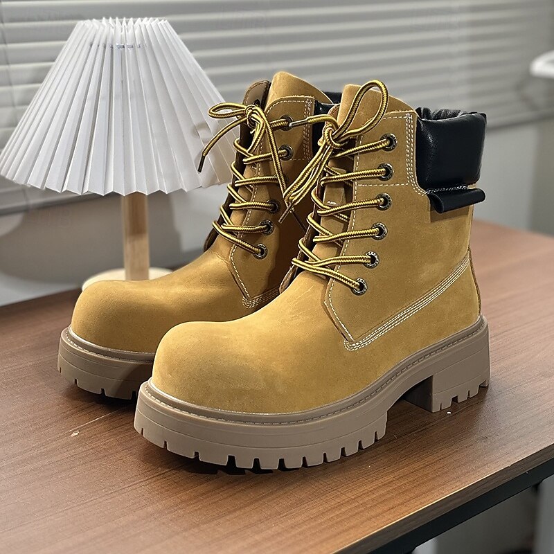 Men's Yellow Nubuck Faux Leather Lace-Up Boots with Padded Collar and Thick Sole, Casual Outdoor Workwear Shoes for Hiking, Camping and Everyday Use