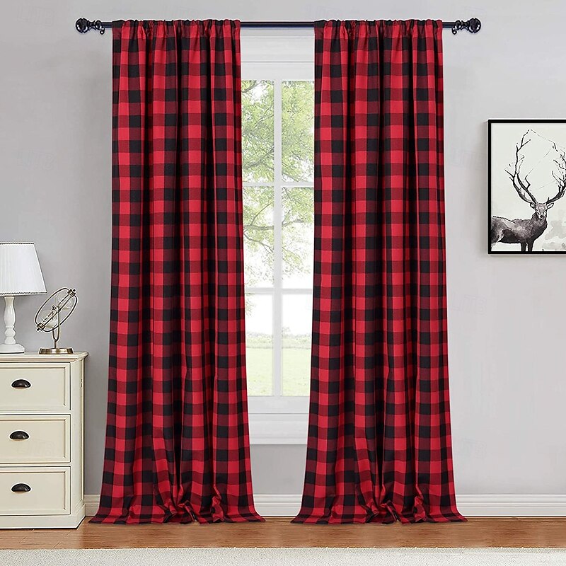 Buffalo Check Rod Pocket Valance, Kitchen and Living Room Small Window Curtain, Cafe Short Drapes, Half Window Privacy Curtain3