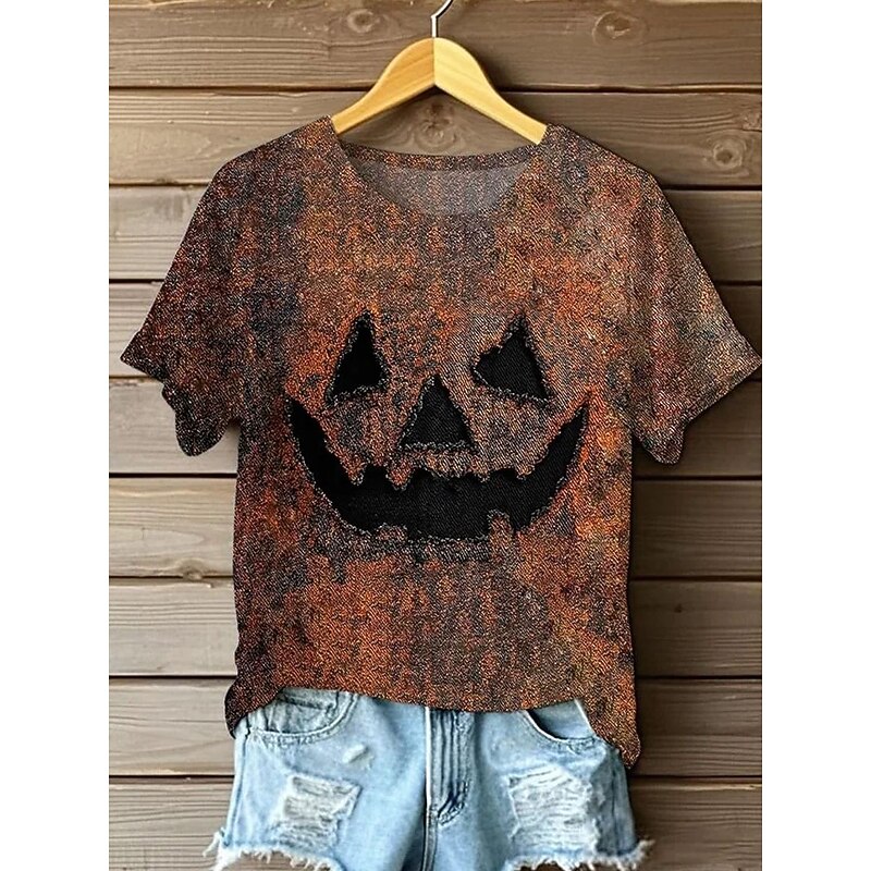 Halloween Women's T Shirt Graphic Pumpkin Vintage Stylish Classic Short Sleeve Crew Neck Regular Tops Daily Going out Weekend Print Purple Orange Green Gray Summer Fall