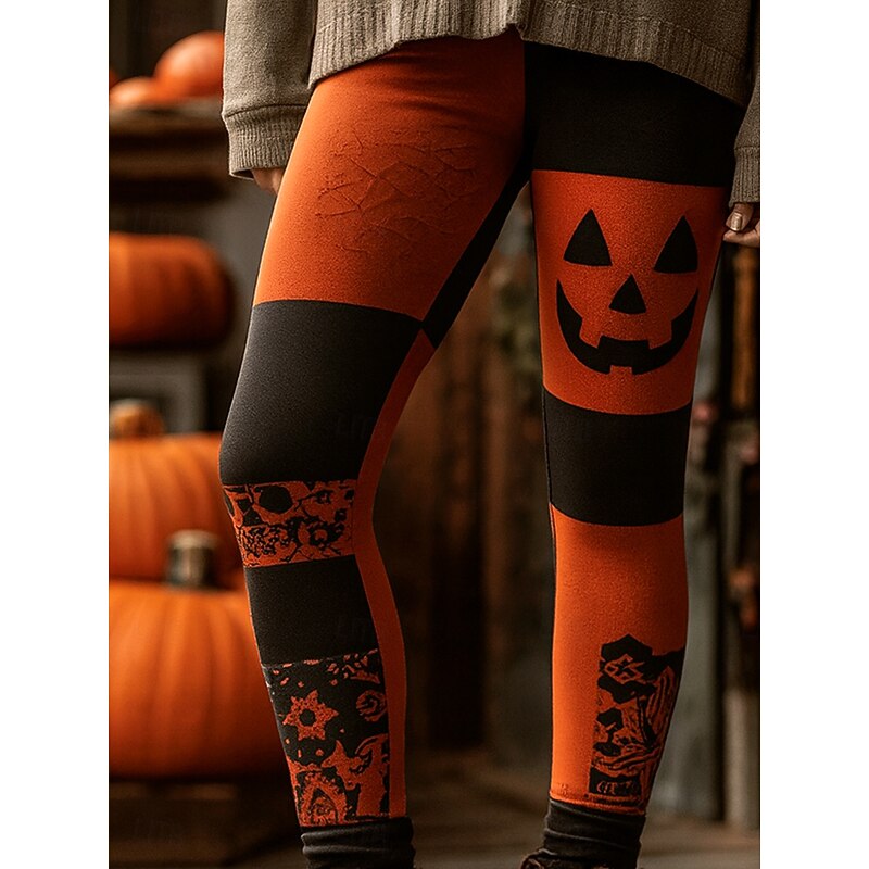 Women's Leggings Vacation Vintage Fashion Ankle-Length High WaistPantsHalloween Graphic Skull Pumpkin Printing Soft Breathable Stretchy Vacation Street Causal Black 1# Black Orange Fall Winter Slim2