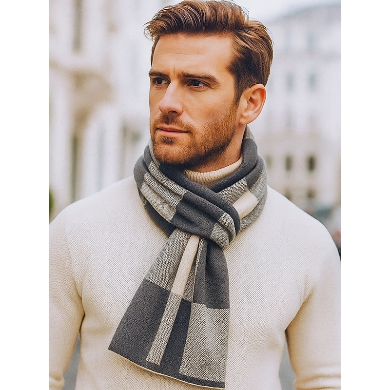 Men's Faux Wool Plaid Winter Scarf – Soft Warm Stripe Knit Shawl for Business, Casual Wear and Holiday Gift