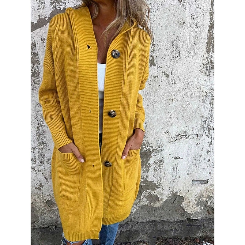 Women's Sweater Cardigan Elegant Fashion Streetwear Solid Color Open Front Pocket Knitted Print Long Sleeve Long Tops Knit Outdoor Daily Weekend Black Yellow Spring Fall2