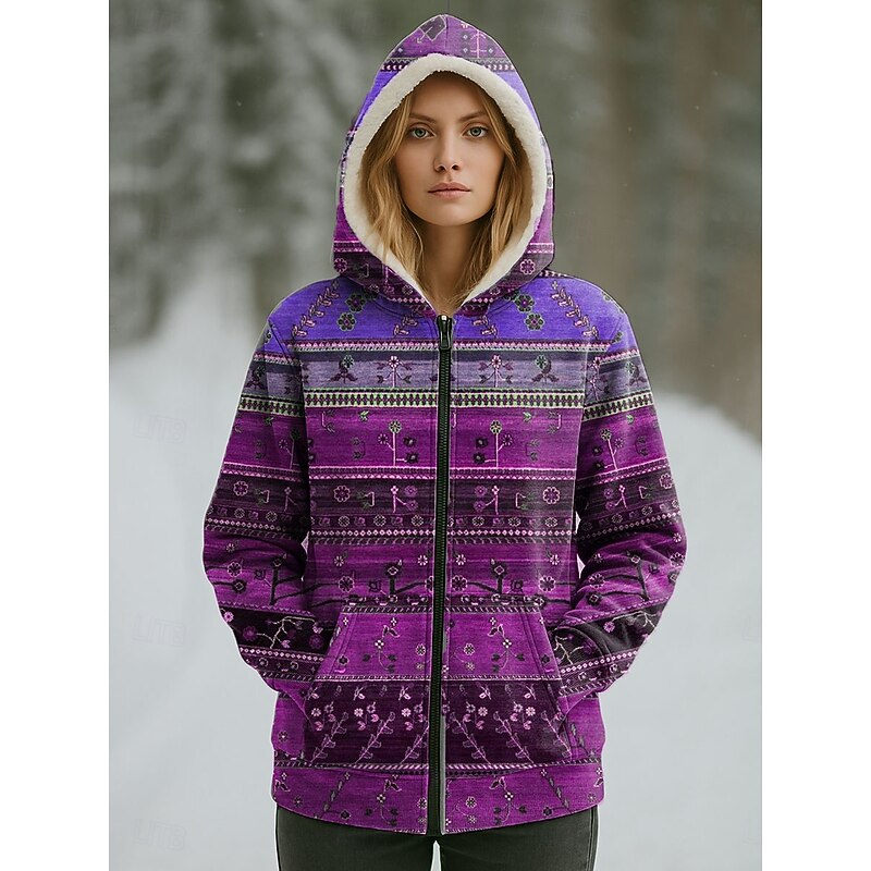 Women's Winter Coat Warm Zipper Pocket Print Casual Floral Casual Regular Hooded Regular Fit Long Sleeve Outerwear Pink Blue Purple Fall Winter4