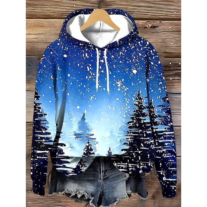 Women's Hoodies Graphic Snowflake Vintage Casual Long Sleeve Hooded Regular Tops Street Casual Going out Patchwork Print Red Blue Fuchsia Dark Blue Spring Fall Winter4