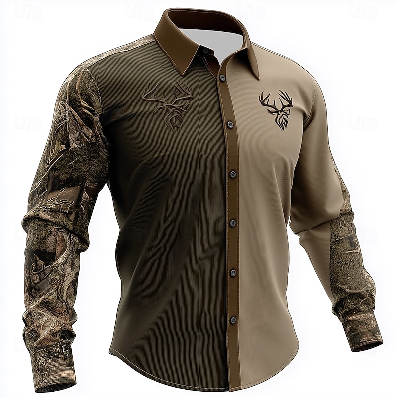 Men's Camo Reindeer Camouflage Shirt Button Up Shirt Long Sleeve Vintage Retro Outdoor Camping & Hiking Hunting Spring Fall Turndown 3D Print Collared Shirts Camouflage khaki Army Green Khaki