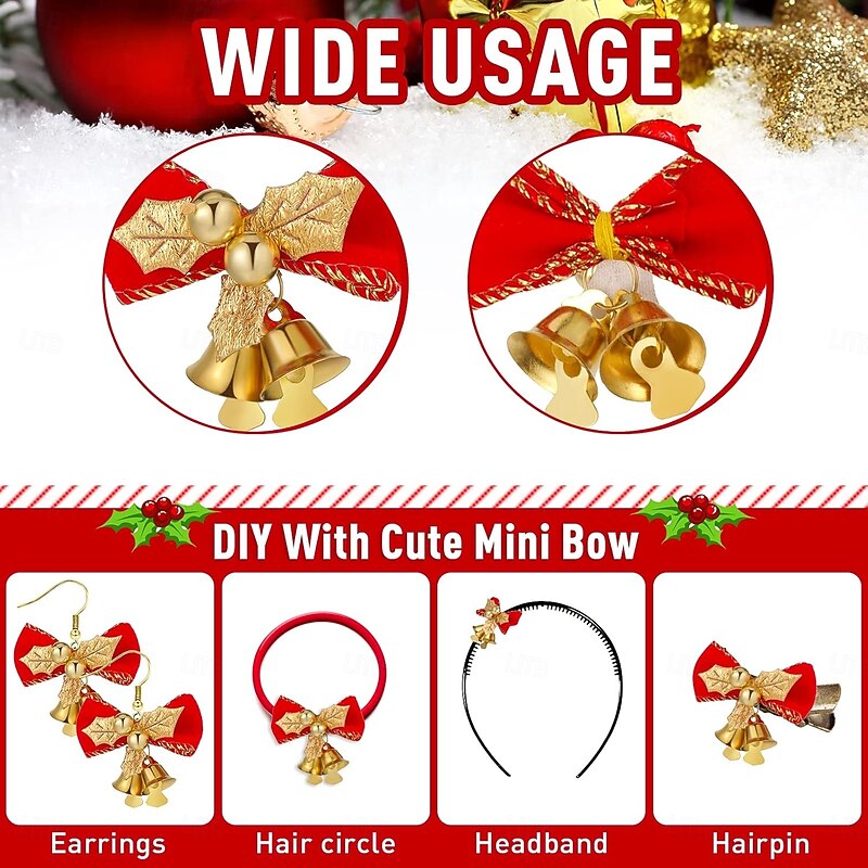24 Pieces Christmas Bows with Bells Mini Xmas Bowknot Bell Ornaments Red Gold Holiday Decorative Bows Crafts for Christmas Tree Presents Wrapping Wreath Hanging Decor(Delicate Style)2