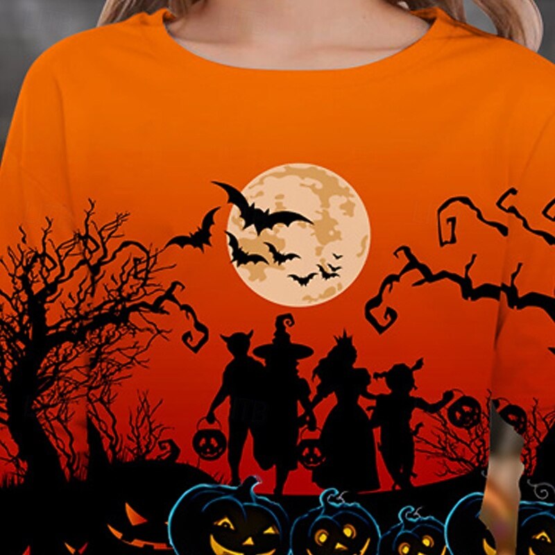 Halloween Girls' 3D Pumpkin Bat T shirt Tee Long Sleeve Spring Fall Fashion Basic Kids 4-12 Years Crew Neck Outdoor Casual Daily Regular Fit2