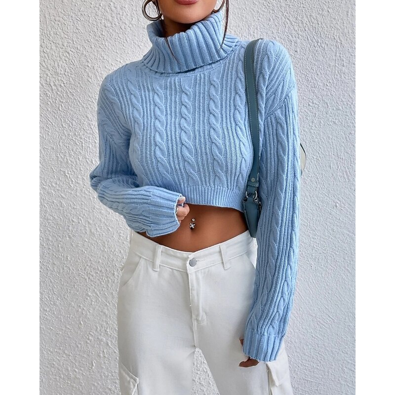 Women's Sweater Pullover Fashion Casual Pure Color Ribbed Turtleneck Knitted Long Sleeve Crop Tops Knit Outdoor Daily Weekend Blue Fall Winter4