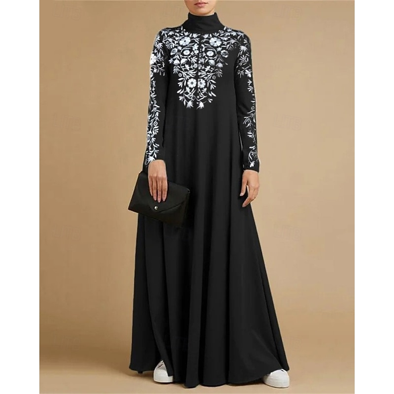 Women's Long Dress Maxi Dress Black Dress Casual Dress Cocktail Dress Formal Dress Fashion Muslim Outdoor Daily Weekend Regular Fit Flower Long Sleeve Stand Collar Black Spring Fall