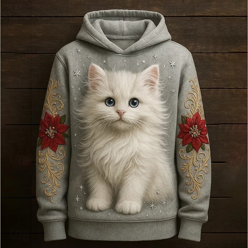 Women's Pullover Hoodie Sweatshirt Floral Graphic Cat Vintage Casual Boho Long Sleeve Hooded Regular Tops Street Dailywear Patchwork Print Front Pocket Beige Gray Spring Fall Winter