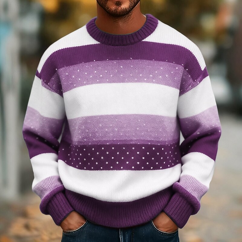 Men's Stripe Pullover Sweater Jumper Knitwear Crewneck Casual Vacation Street Daily 3D Print Knitting Keep Warm Long Sleeve Spring Fall Winter Blue Purple Brown3