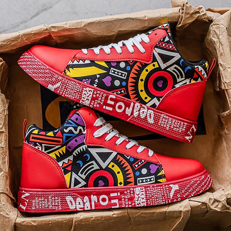 Men's Red & White Graphic High-Top Sneakers with Bold Design, Trendy Street Style for Casual Outings, Parties and Everyday Wear2