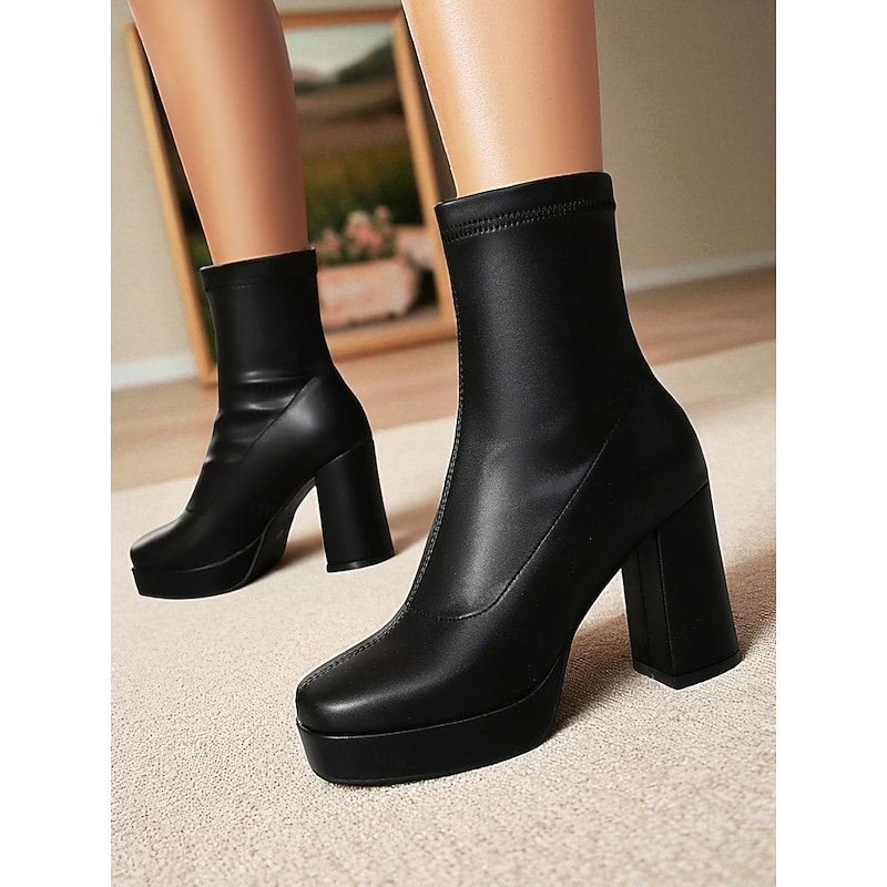 Women's Black Stretch Platform Ankle Boots – Chunky High Heel Square Toe Booties for Street Style,City Fashion and Night Out