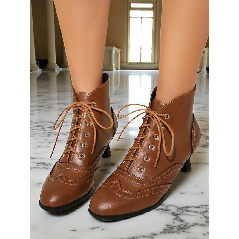 Women's Edwardian Era Lace-Up Ankle Boots - 1900s Vintage Victorian Brogue Kitten Heel Faux Leather Booties for Gatsby Parties, Historical Reenactments and Fall Retro Outfits2