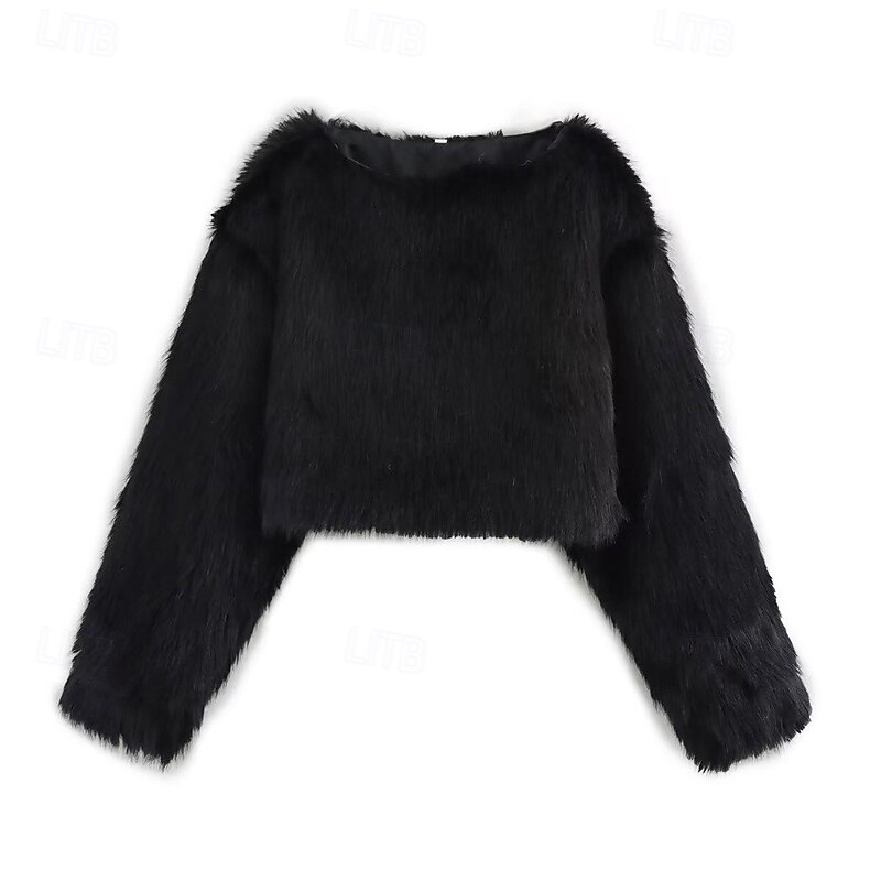 Women's Faux Fur Coat Warm Comfortable Furs & Leathers Casual Plain Vacation Street Daily Wear Going out Pullover Short Crewneck Regular Fit Long Sleeve Outerwear Black Pink Wine Fall Winter2