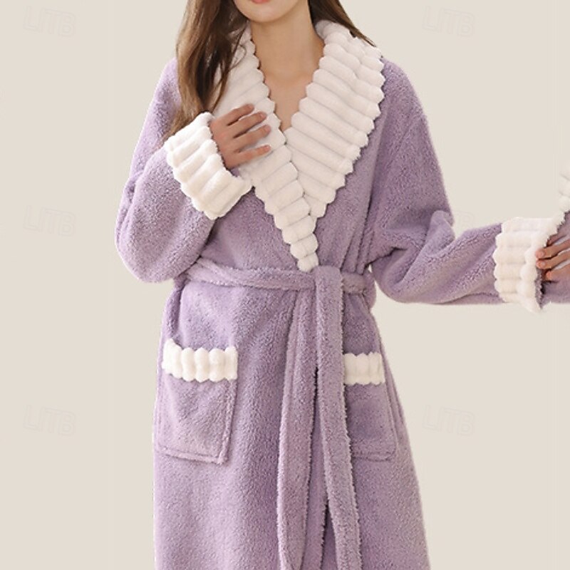 Women's Pajamas Robe Fashion Patchwork Embroidered Pocket Vacation Home Bed Long Sleeve Lapel Purple Brown Green Gray Fall Winter Tailored Fit4