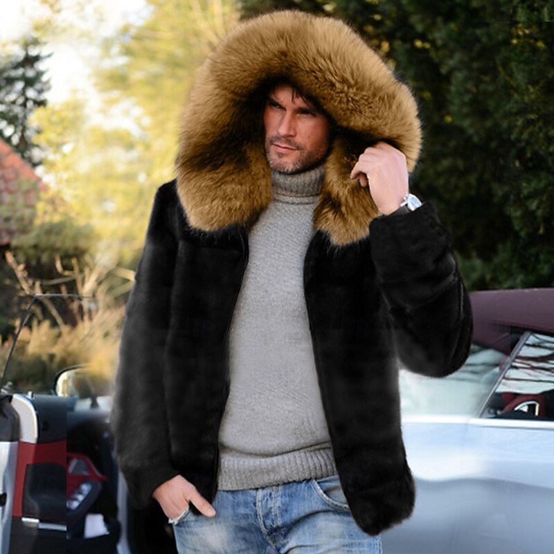 Men's Winter Jacket Fleece Jacket Faux Fur Coat Vacation Casual Thermal Warm Keep Warm Fleece Fall & Winter Plush Elegant Punk Hooded Regular Black Jacket3
