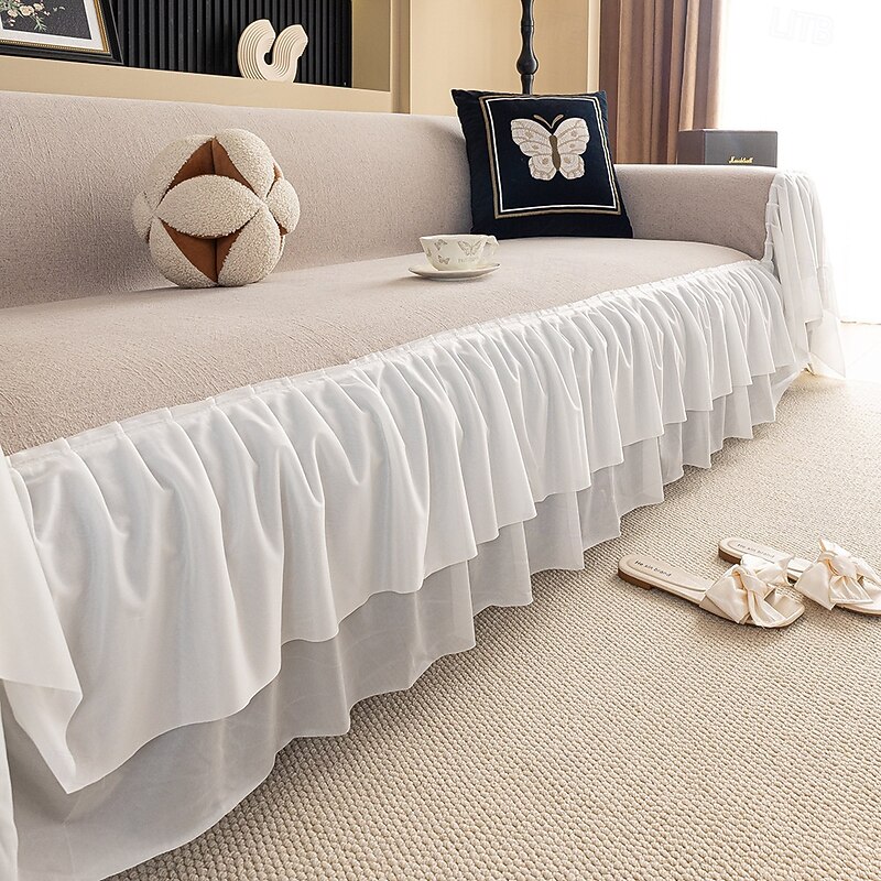 Chenille Sofa Cover, Solid Cream Color French Luxury Full Coverage Slipcover, Pet-Friendly Non-Slip Sofa Protector4
