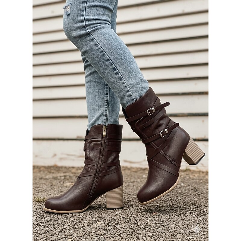 Women's Black Faux Leather Ankle Boots with Zipper and Strap Detailing, Stylish Mid-Heel Boots for Casual and Western Wear3