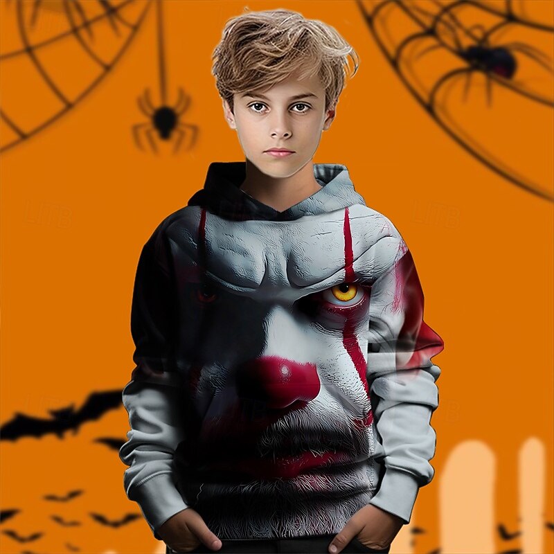 Halloween Boys' 3D Graphic Clown Hoodie Long Sleeve Spring Fall Fashion Streetwear Kids 4-12 Years Hooded Outdoor Casual Daily Regular Fit3
