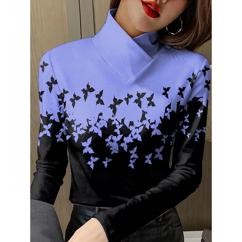 Women's T Shirt Graphic Butterfly Elegant Vintage Stylish Long Sleeve High Neck Asymmetric Neck Regular Tops Daily Print White Blue Purple Green Khaki Spring Fall Winter3
