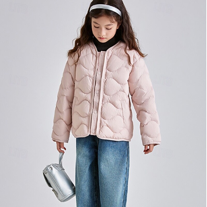 Kids Girls' Down Jacket Puffer Jacket Solid Color Fashion Zipper Pocket School Coat Outerwear 4-12 Years Winter Black Pink Blue3
