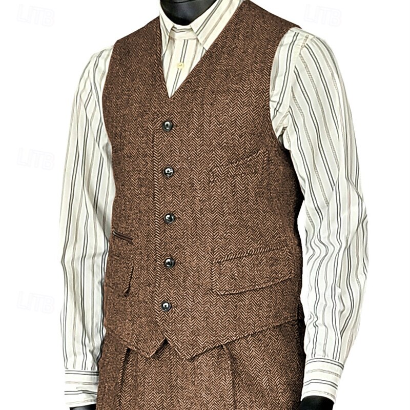 Men's Vest Waistcoat Gilet Vacation Party Business Fashion Casual Spring Fall Pocket Buttons Polyester Comfortable Plain Single Breasted One-button V Neck Regular Fit Silver Black Wine Red Vest