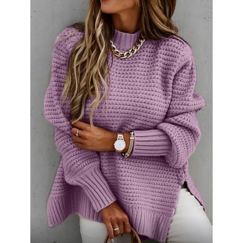 Women's Sweater Casual Soft Pure Color Ribbed Crew Neck Knitted Textured Long Sleeve Regular Tops Knit Outdoor Daily Weekend Black Pink Fall Winter2