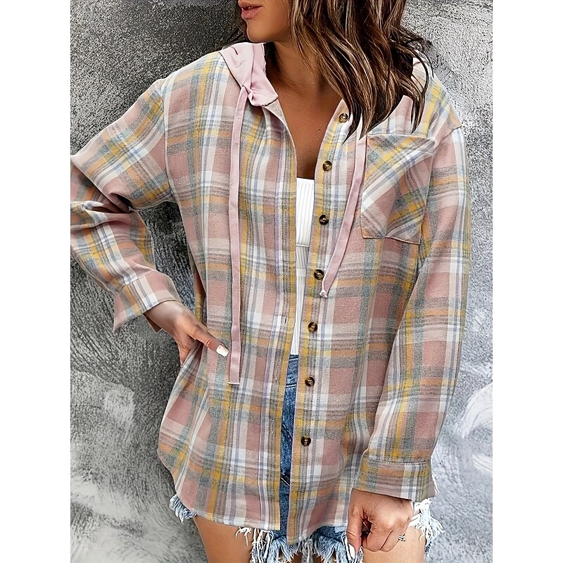 Women's Casual Jacket Shacket Comfortable Breathable Pocket Buttons Print Casual Plaid Vacation Street Daily Wear Going out Single Breasted Regular Hoodie Regular Fit Long Sleeve Outerwear Black4