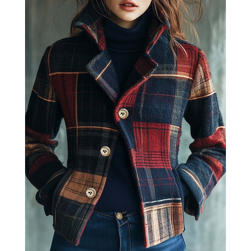 Women's Blazer Warm Comfortable Pocket Buttons Casual Plaid Vacation Going out Weekend Regular Stand Collar Regular Fit Long Sleeve Outerwear Red Fall Winter