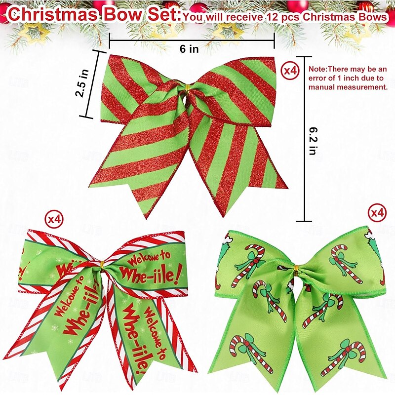 12 Pcs Christmas Bows Ornaments,6 Inch Large Wreaths Red Green Bows Ribbon for Tree Gift Wrapping Garland,Christmas Decoration Holiday Party Crafts Xmas Tree3