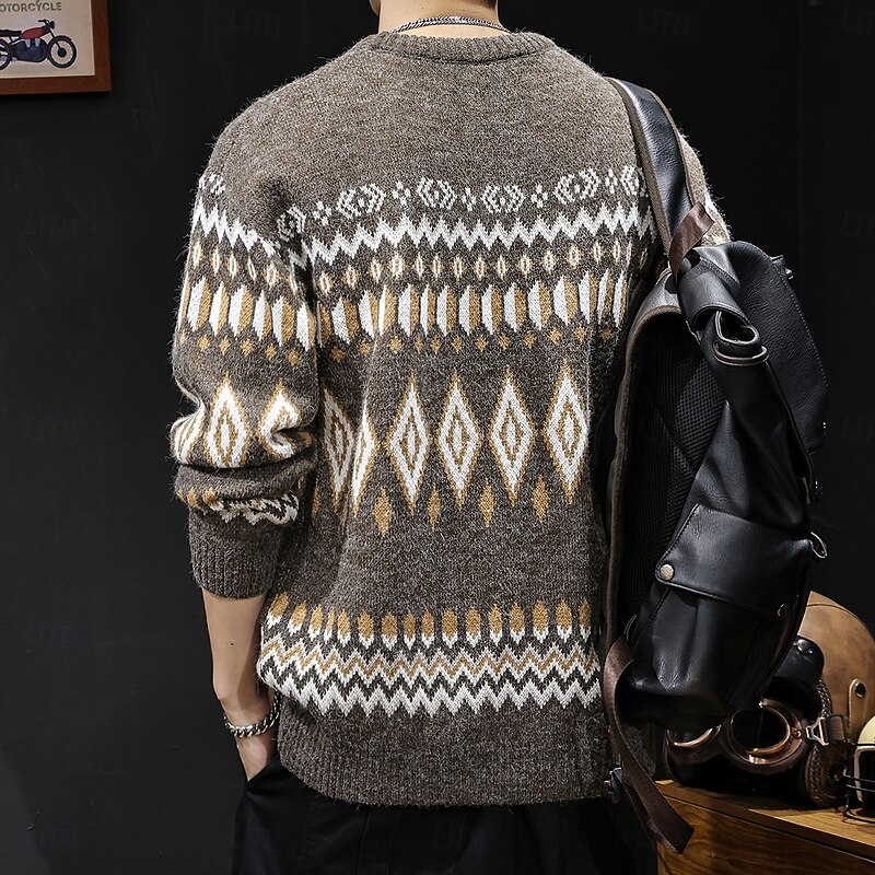 Men's Geometic Fair isle Sweater Pullover Sweater Jumper Knitwear Crewneck Casual Vacation Home Street 3D Print Knitting Keep Warm Long Sleeve Spring Fall Winter Brown2