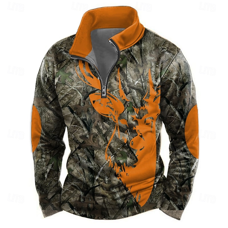 Men's Camo Deer Sweatshirt Tactical Vintage Retro High Neck Outdoor Sports Outdoor Green Army Green Zipper Quarter Zip Fall Winter Designer