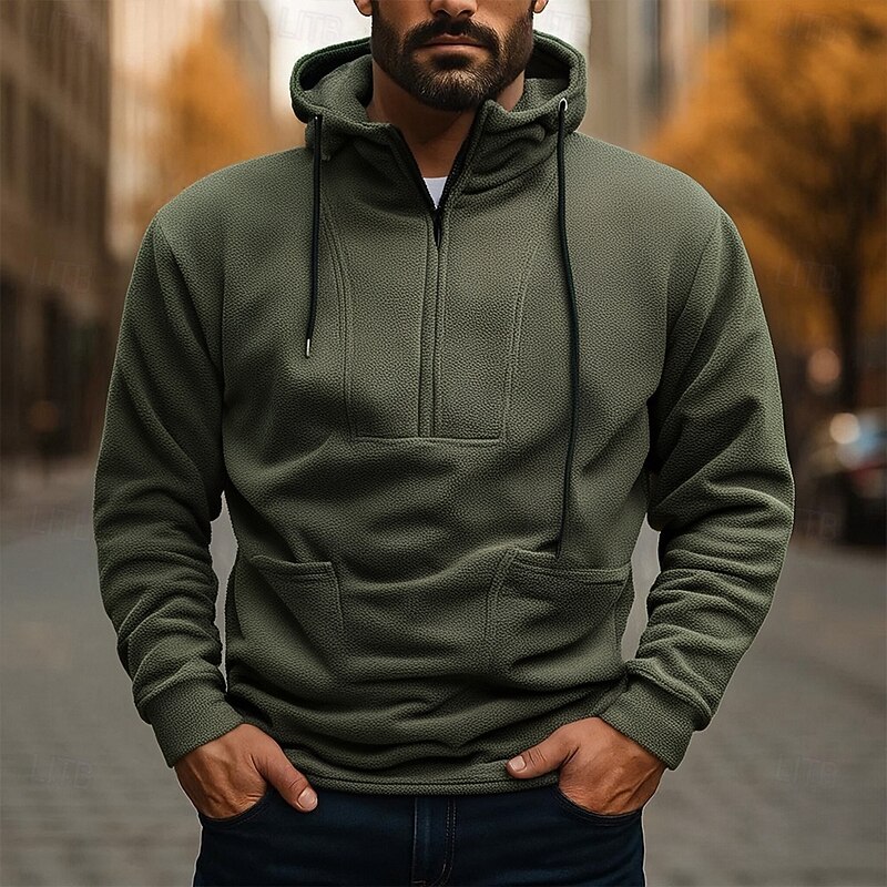 Men's Hoodie Polar Fleece Quarter Zip Hoodie Black Army Green Gray Hooded Plain Drawstring Quarter Zip Sports & Outdoor Daily Holiday Polyester Streetwear Basic Casual Fall Winter Clothing Apparel