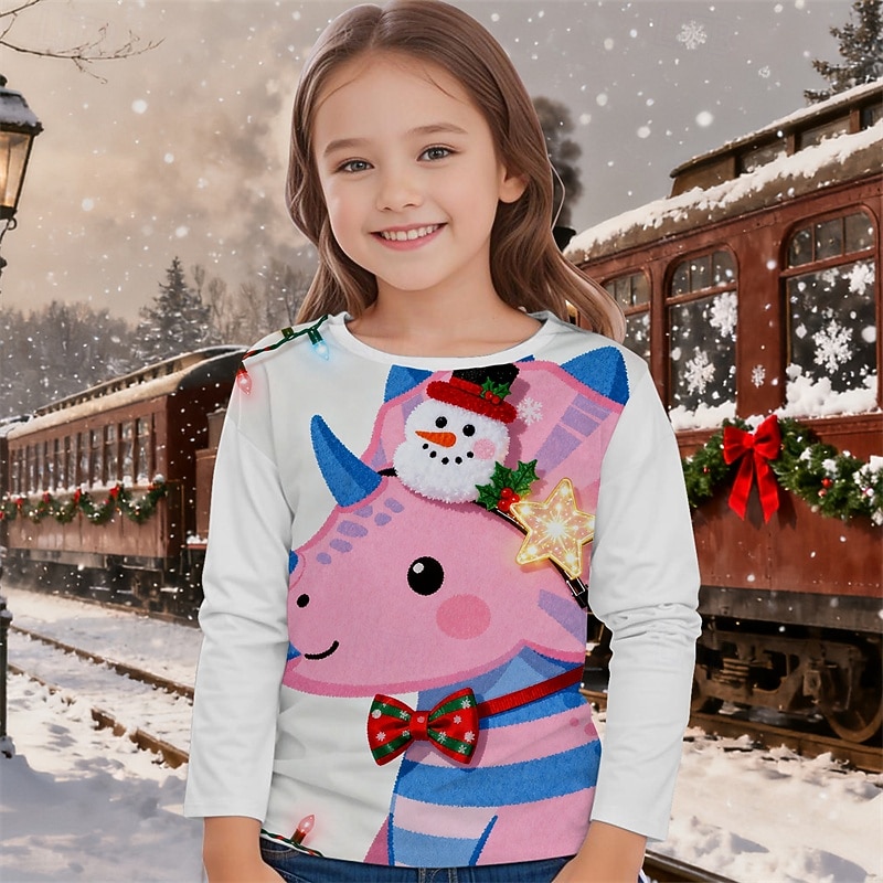 Christmas Girls' 3D Dinosaur Snowman T shirt Tee Long Sleeve Spring Fall Fashion Basic Kids 4-12 Years Crew Neck Outdoor Casual Daily Regular Fit