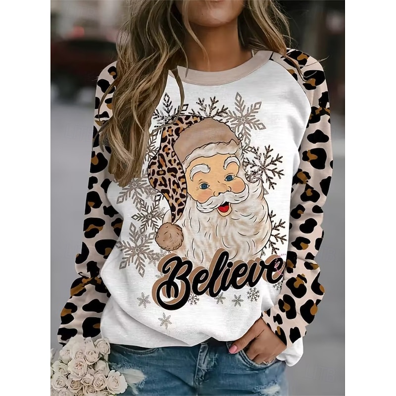 Women's Pullover Graphic Santa Claus Casual Long Sleeve Crew Neck Regular Tops Casual Holiday Brown Spring Fall Winter
