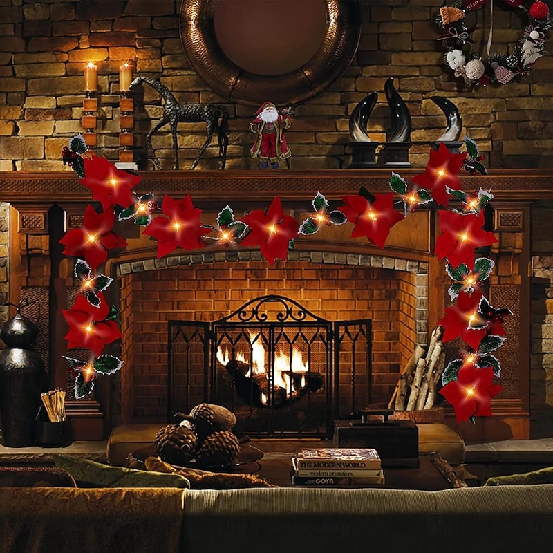 Christmas Poinsettia Garland with Light, Lighted Artificial Garlands with Red Flowers and Berries, Battery/USB Operated Poinsettia String Lights, Light up for Xmas3