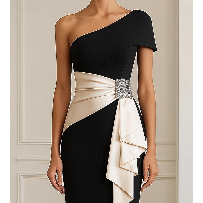 Black and White Mermaid Evening Gown Elegant Dress Formal Wedding Floor Length Sleeveless One Shoulder Stretch Crepe with Bow(s) Ruffles2