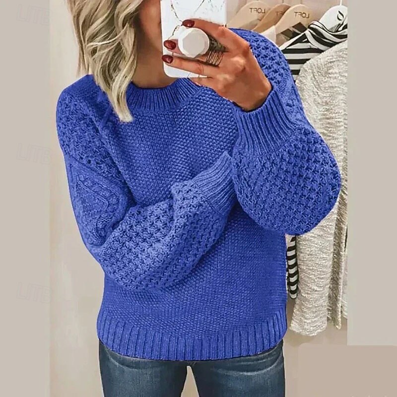 Women's Sweater Pullover Streetwear Casual Floral Crew Neck Knitted Lantern Sleeve Long Sleeve Regular Tops Knit Daily Holiday Going out Black White Fall Winter3
