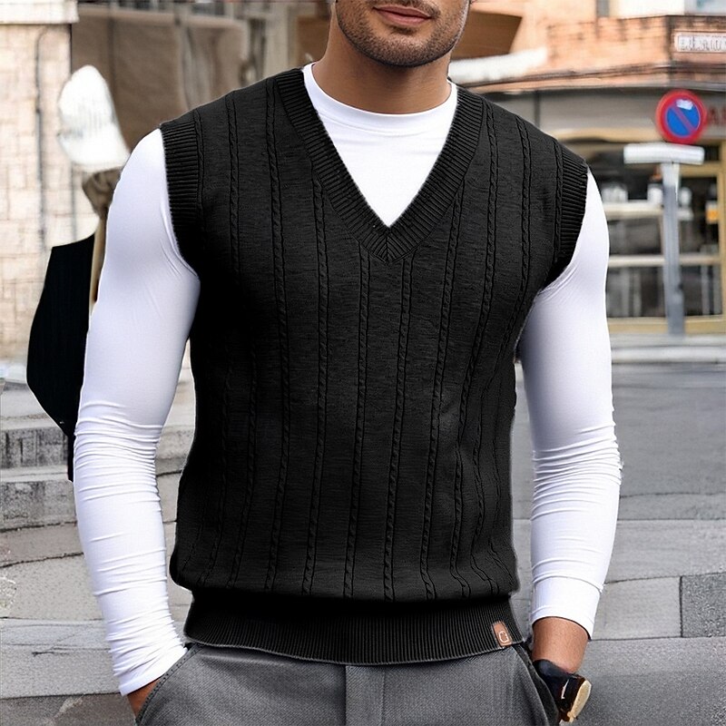 Men's Sweater Vest Dress Sweater Pullover Sweater Jumper Vest Knit Sweater Ribbed Knit Regular Tops Knitted Plain V Neck Fashion Casual Vacation Daily Wear Clothing Apparel Fall Winter Black Dark Navy4
